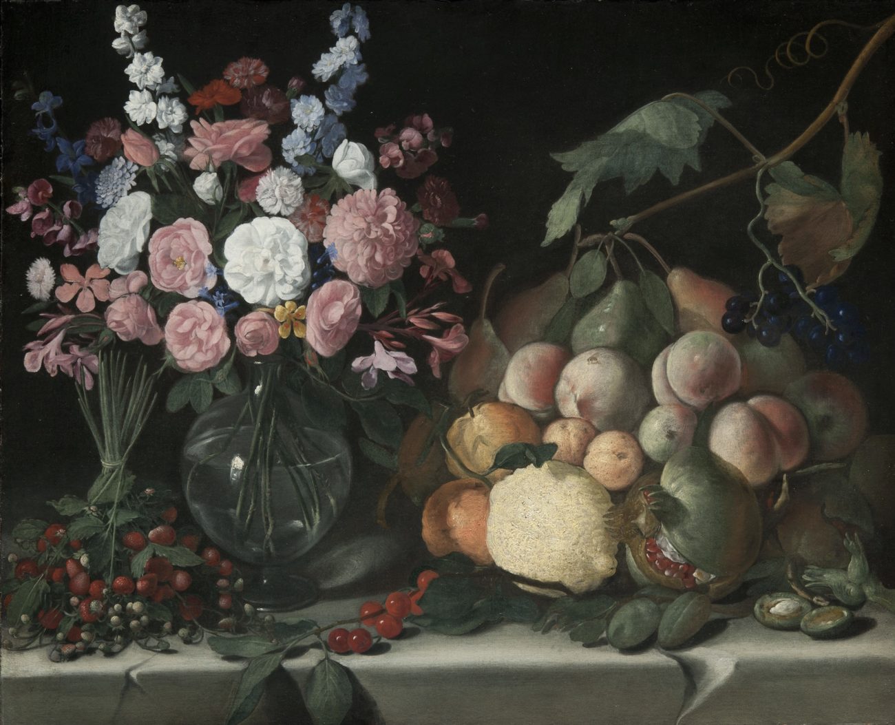 Anonimo caravaggesco, Natura morta con vaso di fiori, frutta e fragoline