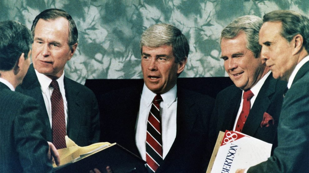 February 28, 1988, Republican presidential candidates, Vice President George Bush, Jack Kemp, Pat Robertson and Robert Dole after a debate in Atlanta. AP Photo