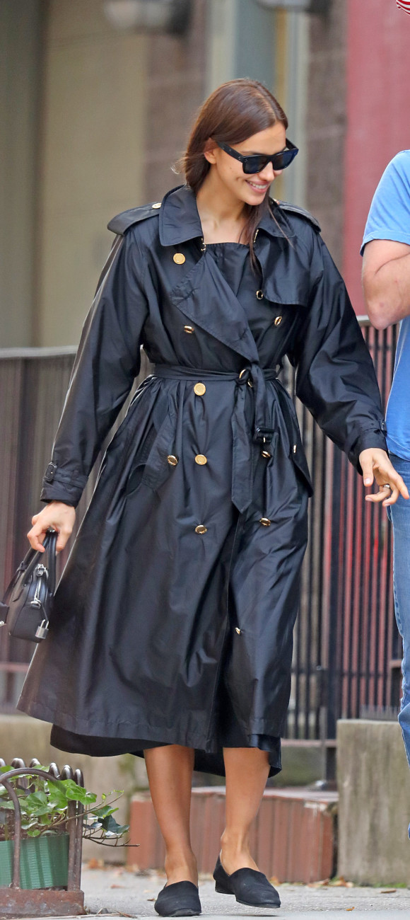Irina Shayk wearing Burberry with Bradley Cooper stepping out with baby Lea in New York 