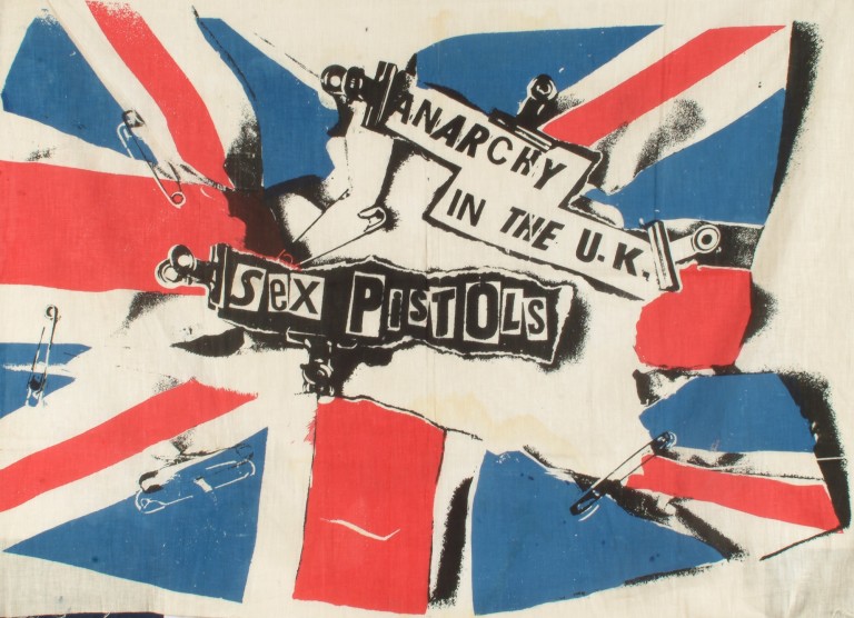 Jamie Reid, Anarchy in the UK, 1976. Muslin flag punk