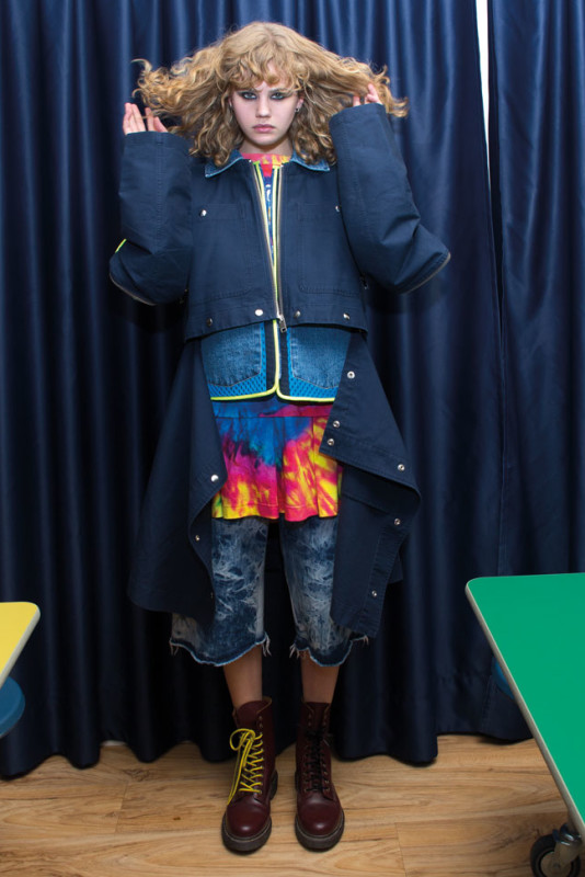 DANCING IN THE EYE OF THE HURRICANE ph. Lorenzo Marcucci for Collectible DRY Anna Liisa wears cotton coat with neoprene mesh detail, Diesel, printed cotton dress, Moschino, denim shorts, Cristiano Burani, boots, Dr Martens.