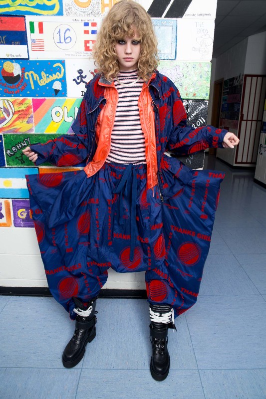 DANCING IN THE EYE OF THE HURRICANE ph. Lorenzo Marcucci for Collectible DRY Anna Liisa wears flocked print jacket and pants, Stella McCartney, nylon windbreaker, Canada Goose, striped sweater and boots, MSGM. Fashion Riccardo Slavik.