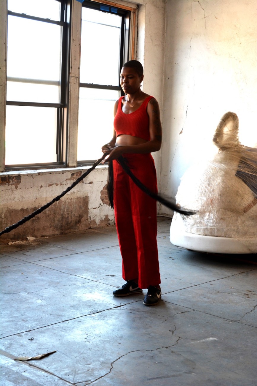 Diamond Stingily, Kaa, 2016 (detail). Kanekalon hair, knockers, barrettes, dimensions variable. Courtesy the artist and Queer Thoughts, New York