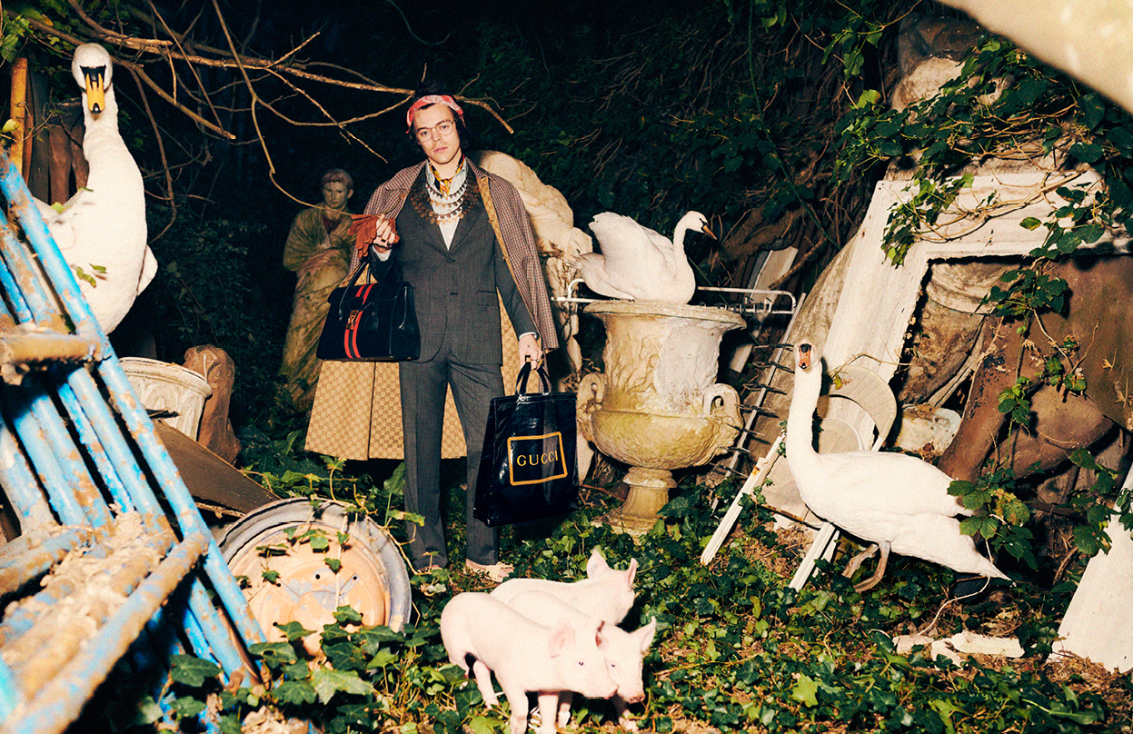Gucci Men's Tailoring 2019 Campaign starring by Harry Styles, Photo by Harmony Korine, Creative Director Alessandro Michele, Courtesy of Gucci
