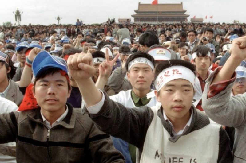 Students during demonstrations at Tiananmen Square on May 18, 1989, before beginning a hunger strike. CATHERINE HENRIETTE, AFP, GETTY IMAGES