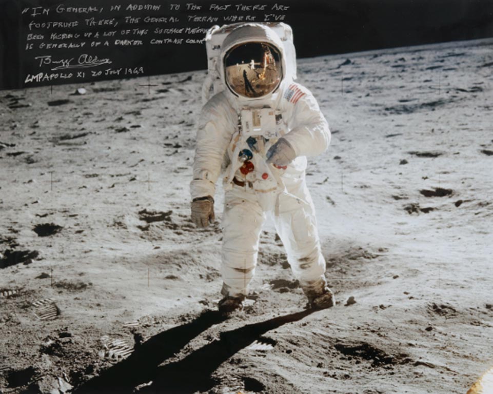 [APOLLO 11]. BUZZ ALDRIN AT TRANQUILITY BASE. LARGE COLOR PHOTOGRAPH, SIGNED AND INSCRIBED BY BUZZ ALDRIN, Courtesy of Sotheby's