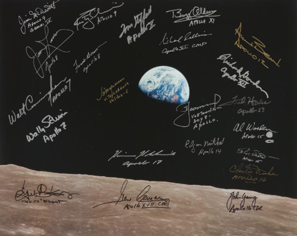 [APOLLO 8]. EARTHRISE. LARGE COLOR PHOTOGRAPH SIGNED AND INSCRIBED BY 21 ASTRONAUTS, Courtesy of Sotheby's