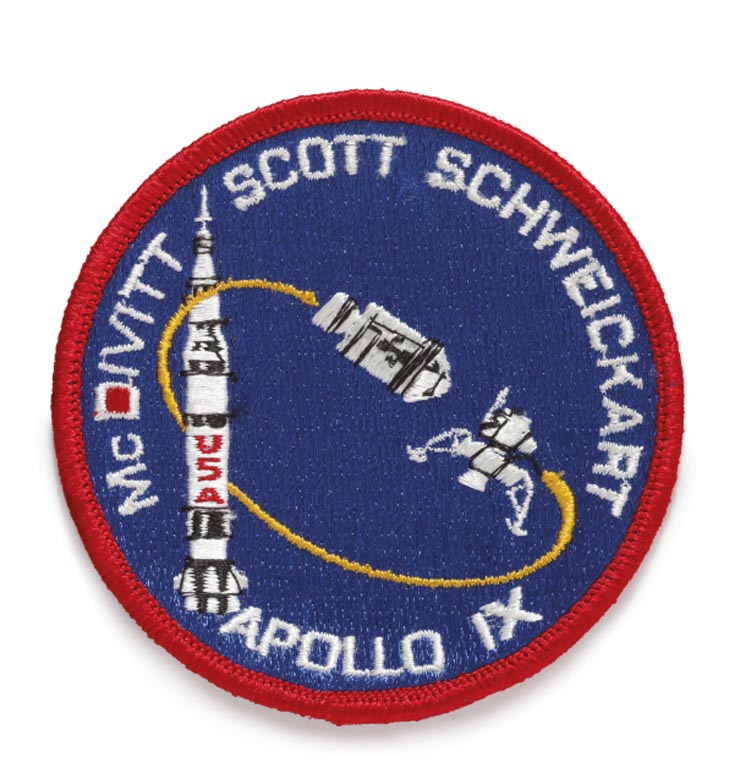[APOLLO 9]. FLOWN ON APOLLO 9. EMBROIDERED MISSION PATCH FROM THE COLLECTION OF RUSSELL SCHWEICKART, Courtesy of Sotheby's