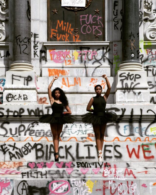 2020 and Still a Matter of Colour_Black Lives Matter_George Floyd_revolution_USA_protests_police_people_resistance_movement _Ballerinas Kennedy George and Ava Holloway, pose in front of a monument of Confederate general Robert E. Lee