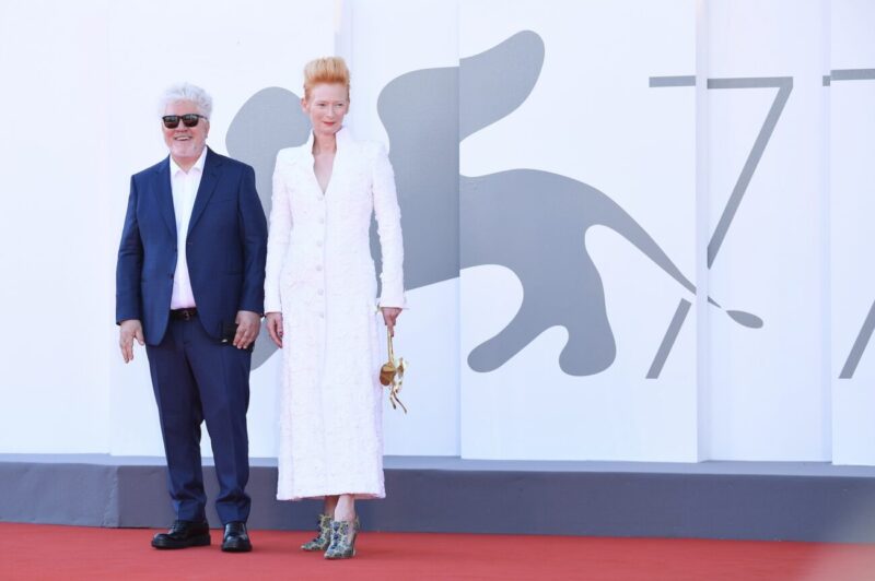 Tilda and Stacy_Venice Film Festival 2020_77 edition_premieres_Tilda Swinton_actress_Leone d'Oro prize_winner_Chanel dress_Pedro Almodovar_La Vox Humaine