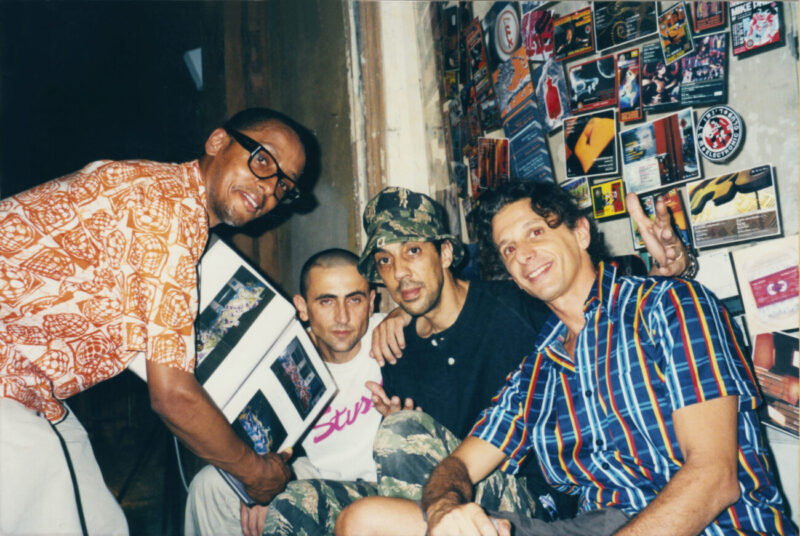 MODE2, LUCA BENINI, FUTURA 2000 AND ALBERTO SCABBIA IN MODENA DURING “DEFUMO” EVENT, A DEDICATED PERFORMANCE WITH STREET ARTISTS SUCH AS DELTA, FUTURA 2000, WHO ACTED UPON THE WALLS AGAINST THEIR PLANNED DEMOLITION. EVENT WAS SUPPORTED BY SLAM JAM, MODENA (IT), 2001.