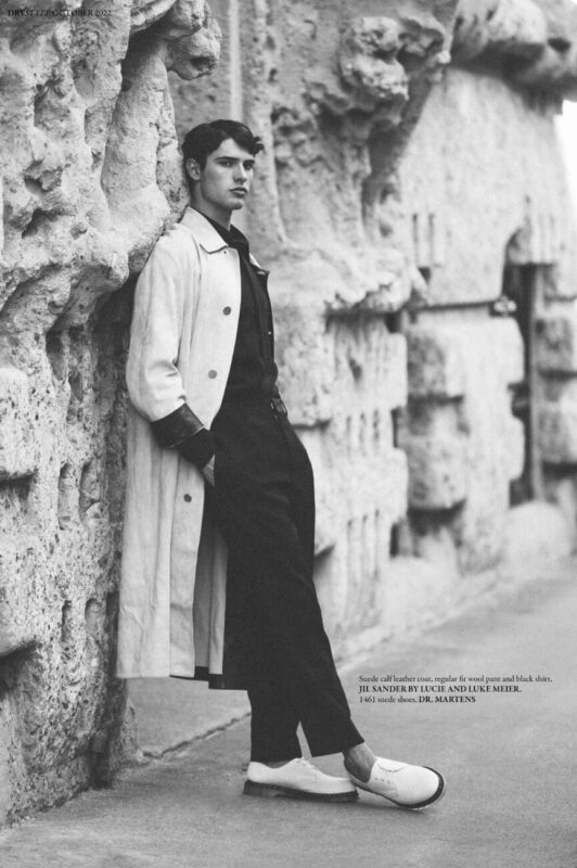 Suede calf leather coat, regular fit wool pant and black shirt, JIL SANDER BY LUCIE AND LUKE MEIER. 1461 suede shoes, DR. MARTENS.