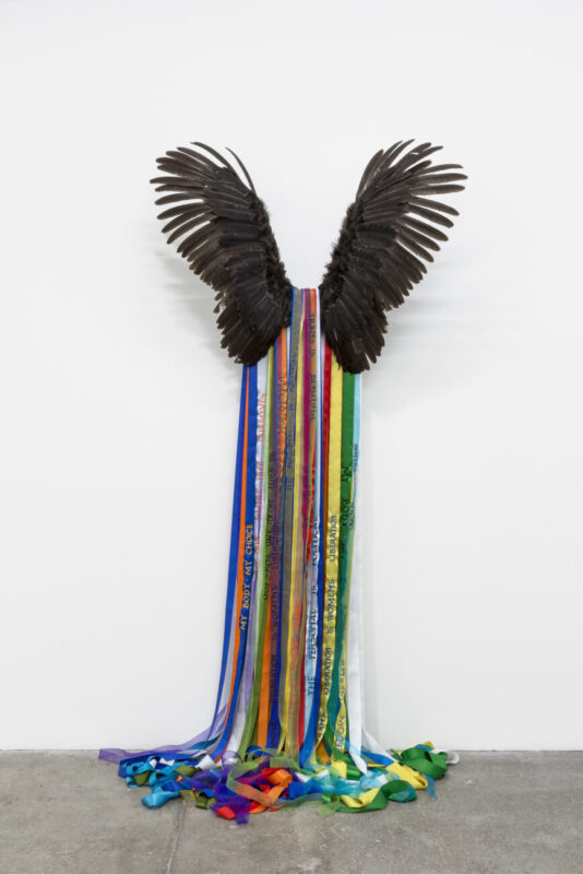 Andrea Bowers, Goddess (Power of the Common Public), 2016. Feathers, metal bracket and ribbons, 254 x 129.5 x 30.5 cm. Courtesy of the artist and Andrew Kreps Gallery, New York