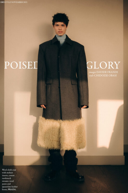 Wool cloth coat with mohair inserts, cotton turtleneck sweater, wool pants and spazzolato leather boots, PRADA.