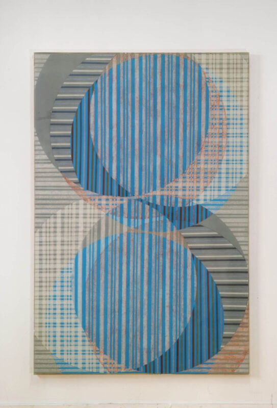 Erik Saglia, Luna, 2022. Spray paint, oil pastels, paper tape, washi and epoxy resin on panel