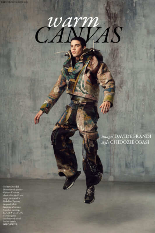 Military Hooded Blouson with painter Gustave Courbet, classic shirt in silk and cargo pants with a Gobeline Tapestry jacquard fabric featuring a Gustave Courbet painting, LOUIS VUITTON. Military green sneakers with tonal leather details, BEPOSITIVE.