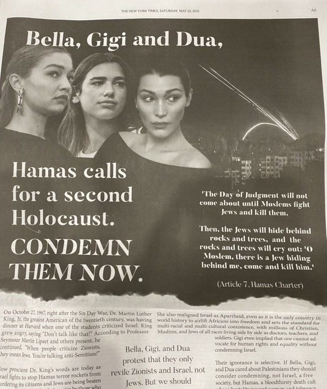 Dua Lipa, Bella and Gigi Hadid linked with Hamas in 'appalling' NYT advert